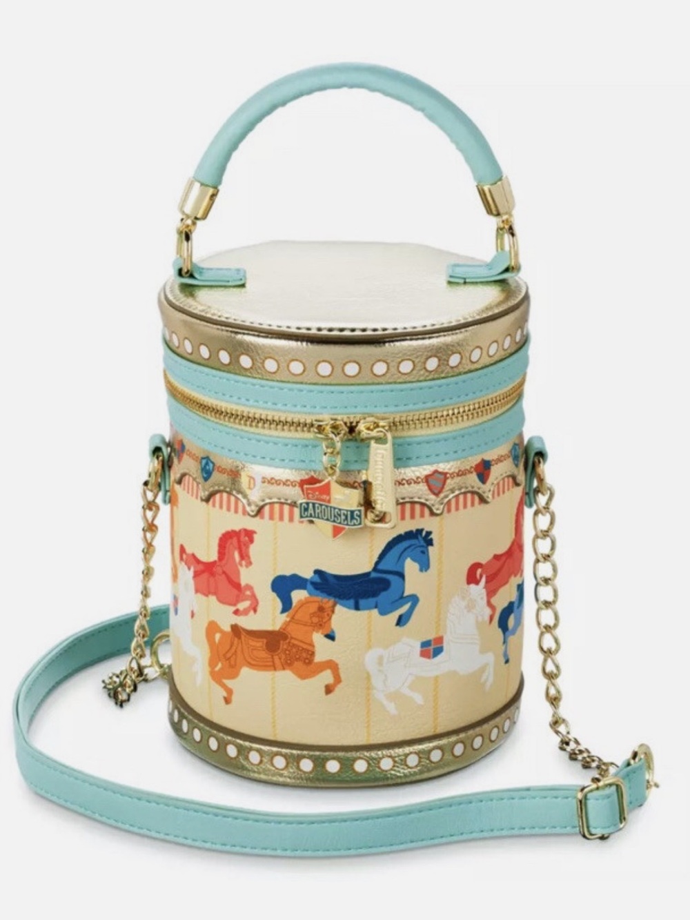 Disney Loungefly Carousel Print Cylinder Crossbody Bag purse King Arthur